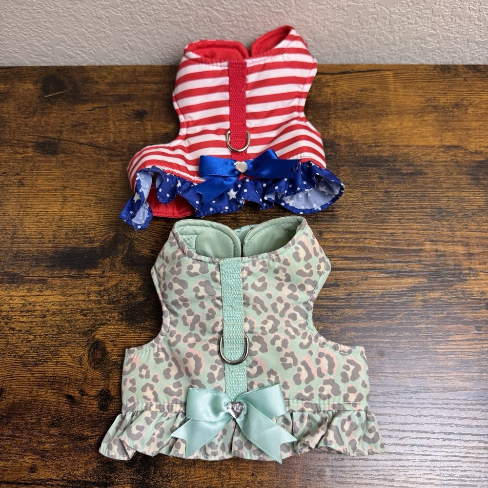 SimplyDog & PS+ XS Dog Harness Vest Bundle Patriotic Leopard Ruffle 2 Pack